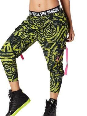 Zumba Women’s Never Stop Dancing Neon Green Black Dance Pants Rare Size: Large